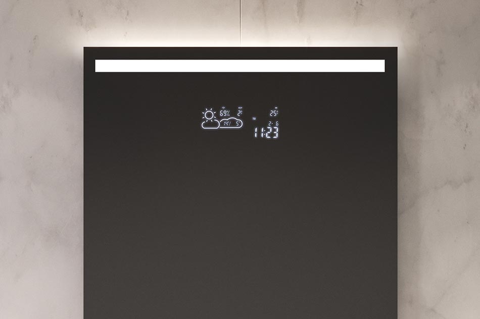 Our mirrors are not just about lighting, choose from one of the information displays available. From the simplest watch to weather trend forecast stations. Ideal solutions that practically streamline your daily routine.