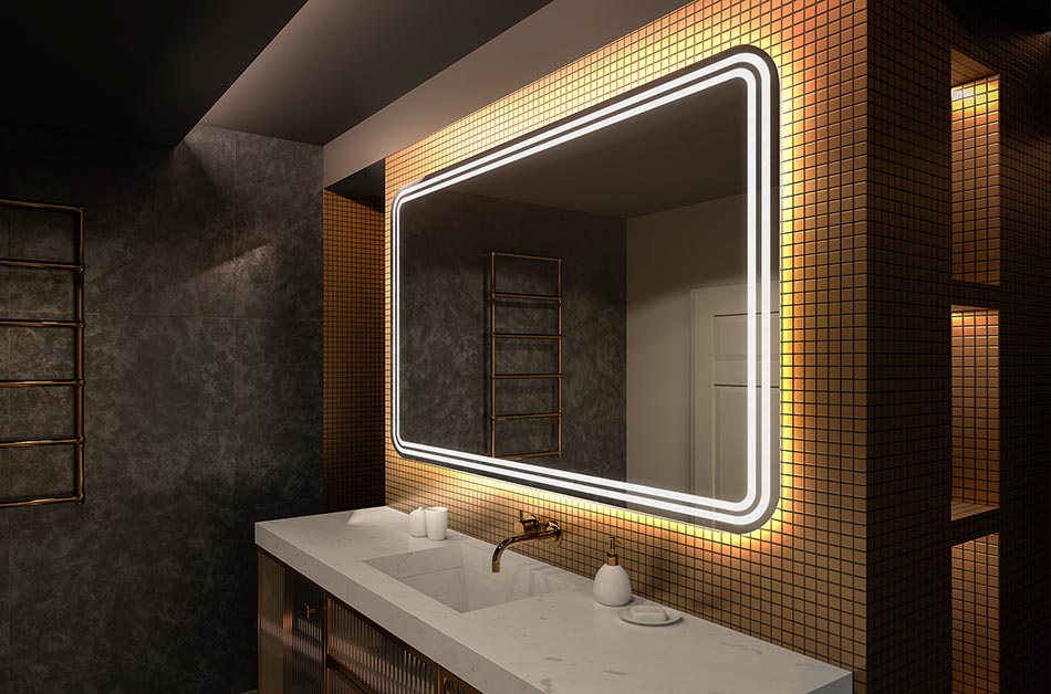 Rounded-edge LED mirror with elegant frame – bathroom decor | ARTFORMA