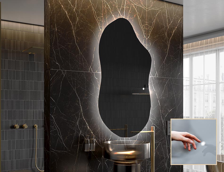 Contemporary ambient mirror in irregular shape – LED wall mirror | ARTFORMA