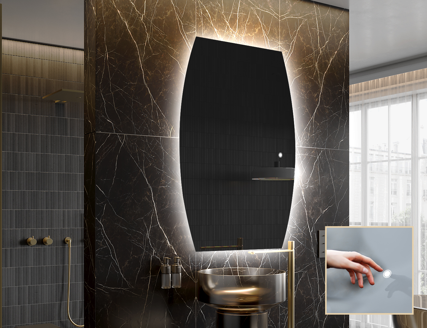 Contemporary ambient mirror in irregular shape – LED wall mirror | ARTFORMA