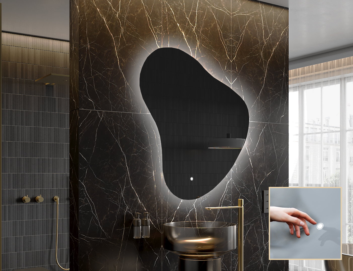 Contemporary ambient mirror in irregular shape – LED wall mirror | ARTFORMA