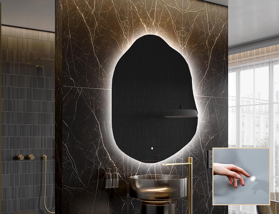 Contemporary ambient mirror in irregular shape – LED wall mirror | ARTFORMA