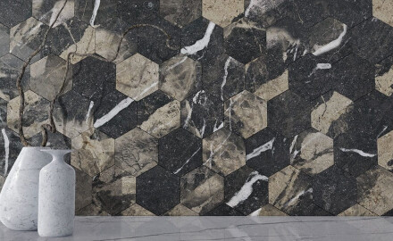 Large-format 120x280 cm black glossy porcelain tile with gold veins, rectified, A4H195 Pierre Black