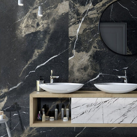 Large-format 120x280 cm black glossy porcelain tile with gold veins, rectified, A4H195 Pierre Black #2