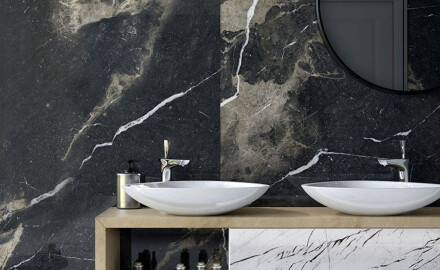 Large-format 120x270 cm matte black porcelain tile with gold veins, rectified, A4H196 Pierre Black