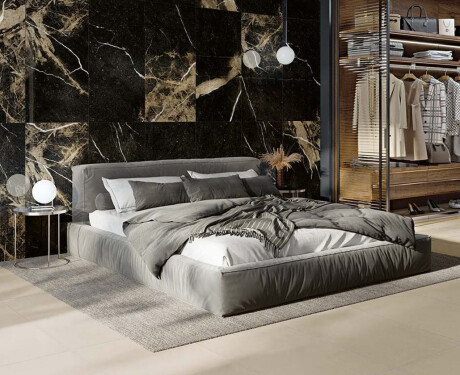 Pierre Black Glazed Porcelain Floor Tile, 120x120 cm, glossy black with gold veins, rectified, A4H197