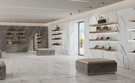 Glazed 120x120 floor tile, glossy finish with gray veining, rectified, A4H454 Statuario Superiore
