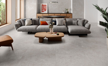 100x100 floor tiles, cross-cut travertine, matte finish, gray A4H497 Chrono Grey