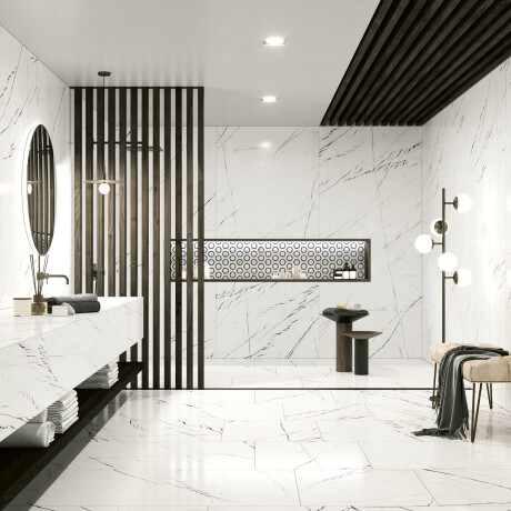 Large-format porcelain tile, 120x280, white marble with black veins, glossy finish, A4H679 Markina White #7