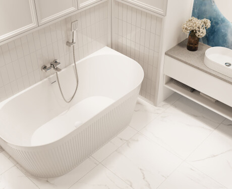 Free-standing Glamour 170 cm fluted panelled bathtub, complete with siphon and plug/drain in white
