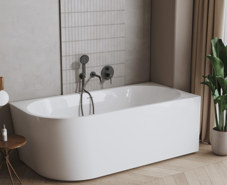 Astri freestanding wall-mounted bathtub, 150 cm, right-sided, complete with a trap, drain plug, and an elegant overflow