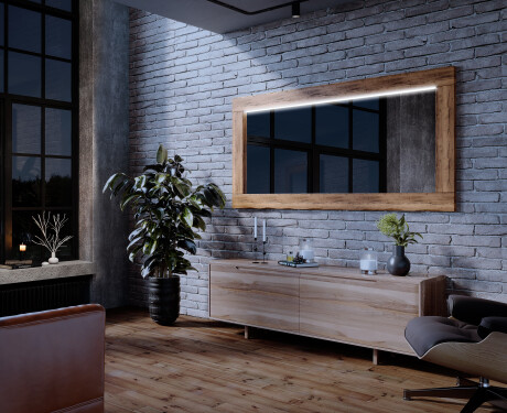 Oak wooden illuminated mirror with rectangular frame and LED Light L225