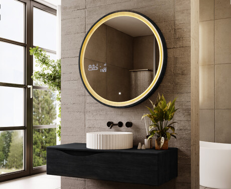 Black round LED mirror in a wooden frame