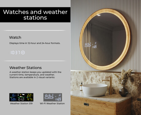 Black round LED mirror in a wooden frame #6