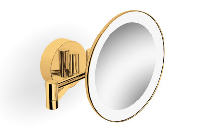 3x magnifying cosmetic mirror, round, with warm/cool LED lighting, tiltable, dual-arm design / glossy gold