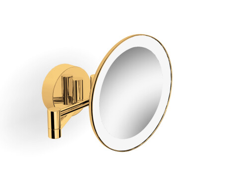 3x magnifying cosmetic mirror, round, with warm/cool LED lighting, tiltable, dual-arm design / glossy gold