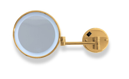 3x magnifying cosmetic mirror, round, with neutral-color LED backlight, tiltable, dual-arm design / glossy gold
