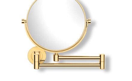 Compact mirror—straight, 3x magnification, round, tiltable, dual-arm design / glossy gold