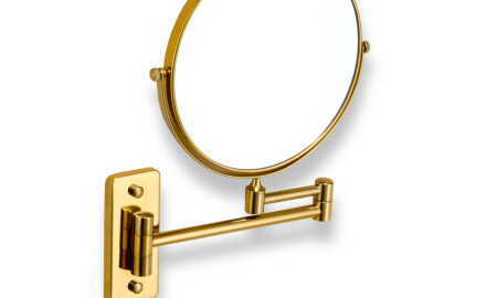 Compact mirror—straight, 3x magnification, round, tiltable, dual-arm design / glossy gold